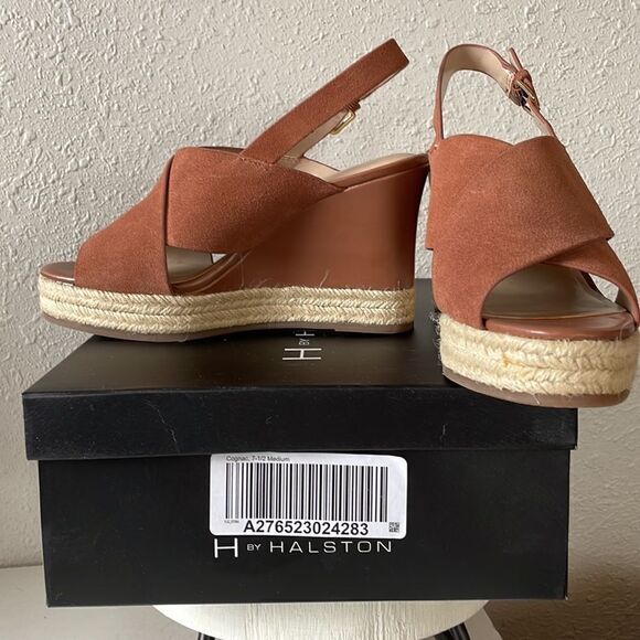 NIB H by Halston Cognac Wedge Suede Sandals Size 7.5M - Picture 1 of 10